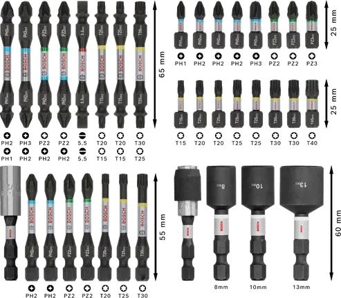 Juego de puntas de destornillador de impacto Bosch PRO, 36 piezas, codificadas por colores.